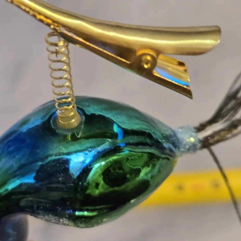 Glass Peacock Clip On Christmas Ornament Glitter Real Partial Tail Feather
